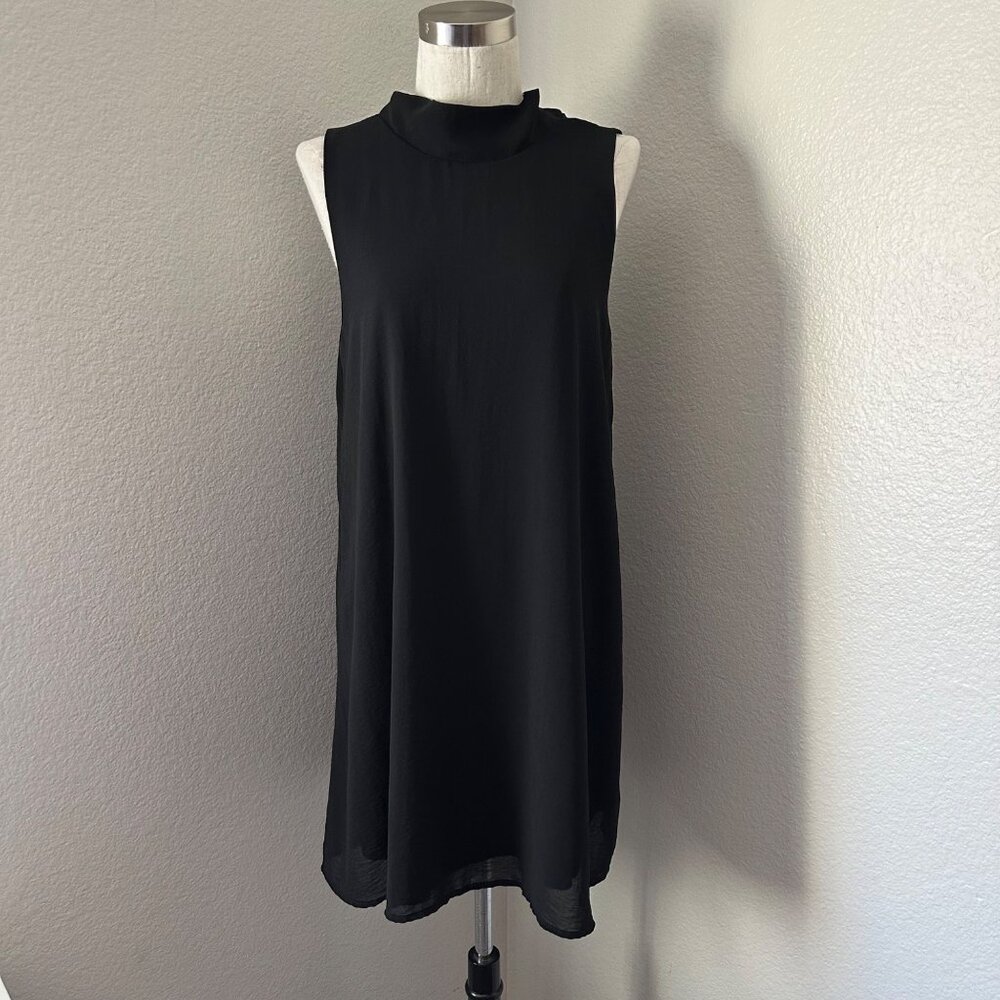 ANGL Cocktail Popover Mini Dress Mock Neck Sleeveless Back Sash Minimalist Black